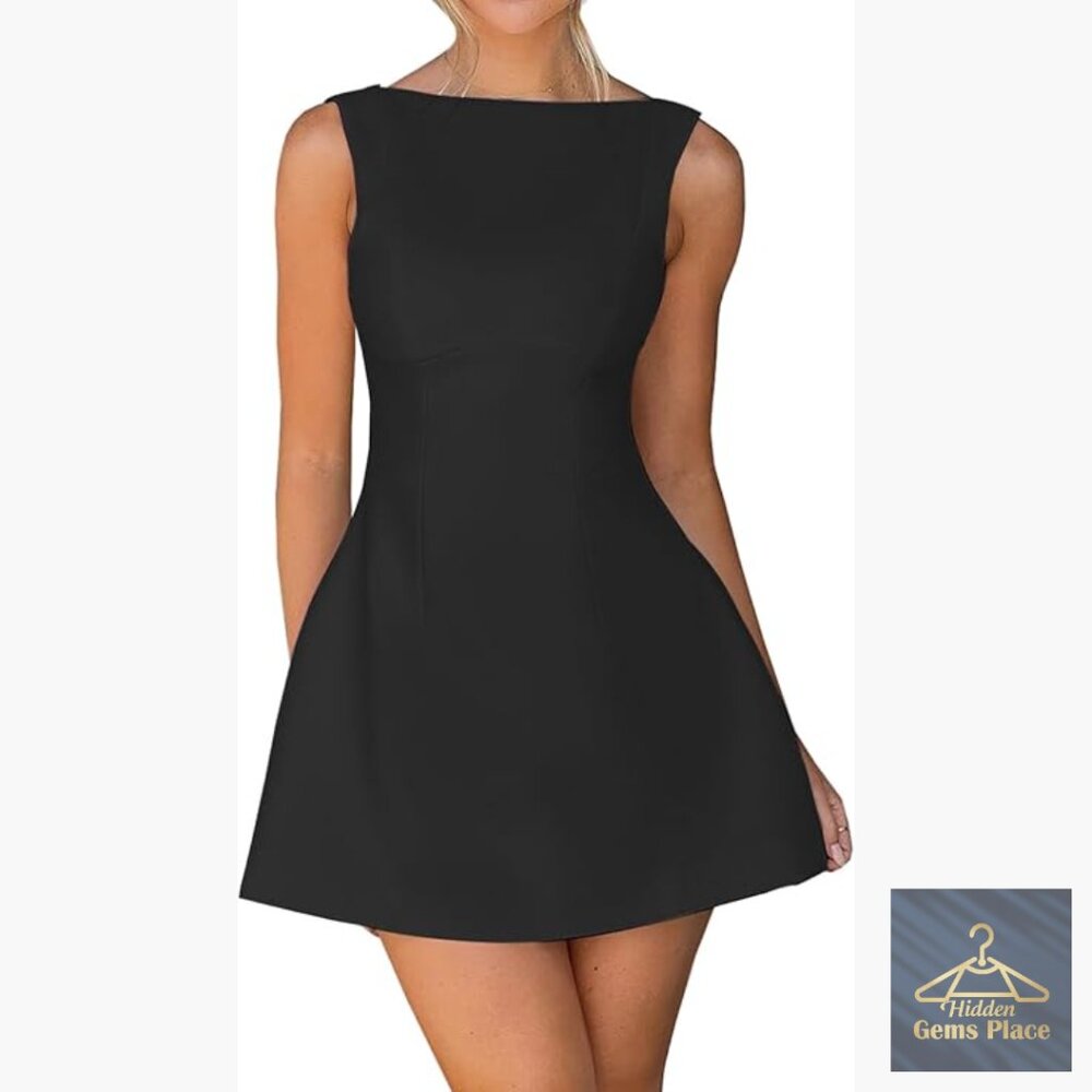 Sleeveless A-Line Mini Dress Boat Neck Flared Cocktail Party Summer